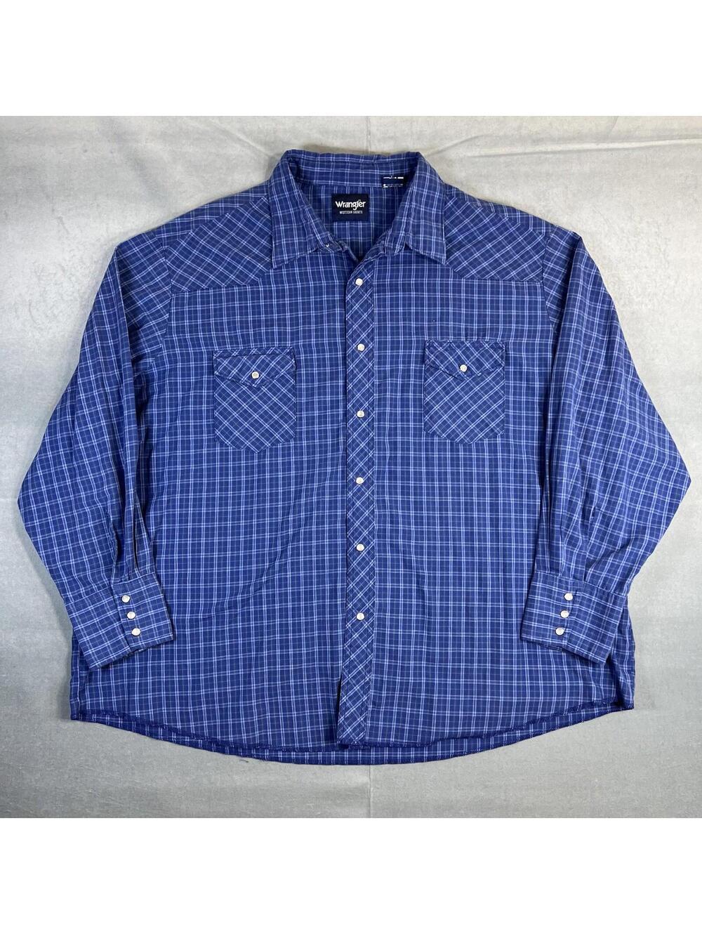 Wrangler Pearl Snap Western Shirt Mens 3XB Blue Plaid Button Up Cowboy Vintage